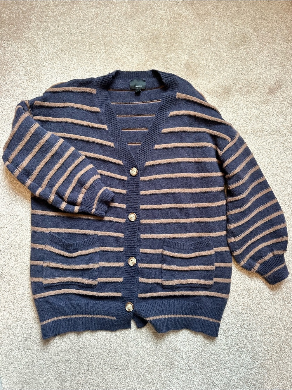 Lumiere Navy and Tan Striped Button Cardigan